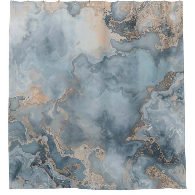 Marbled Dusty Blue Gray Tan Contemporary Shower Curtain (Front)
