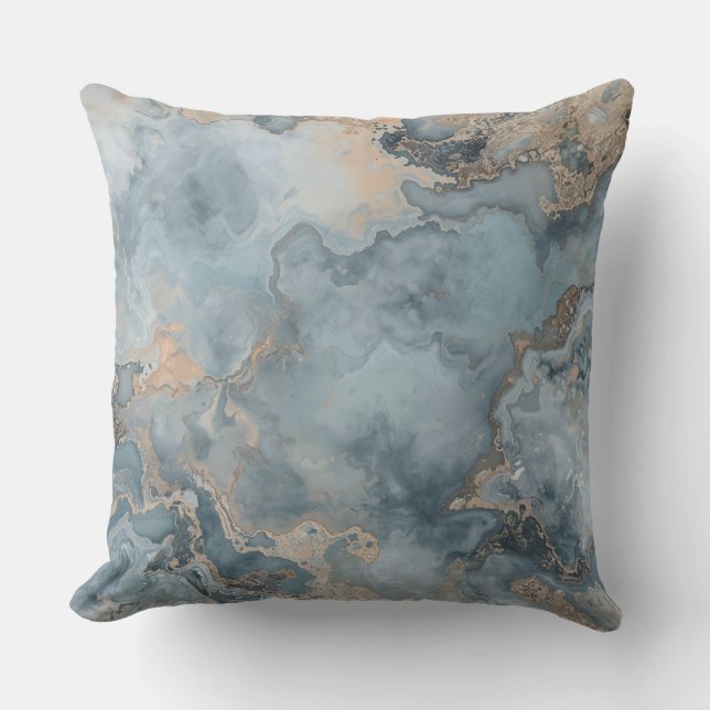 Marbled Dusty Blue Gray Tan Contemporary Throw Pillow (Front)