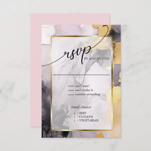  Marbled Dusty Rose Black Gold Abstract RSVP Card