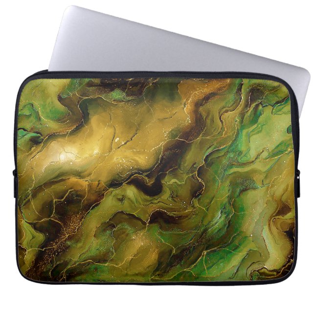 Marbled Effect in Green and Gold Laptop Sleeve (Front)