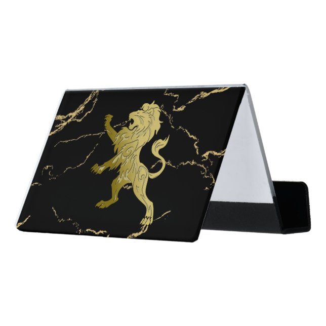 Marbled Golden Royal Lion   Desk Business Card Holder (Angled Back)