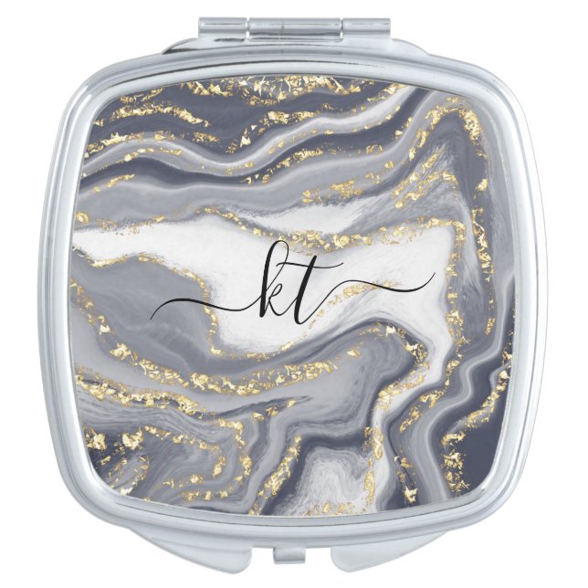 Marbled Gray, White and Gold Compact Mirror (Front)