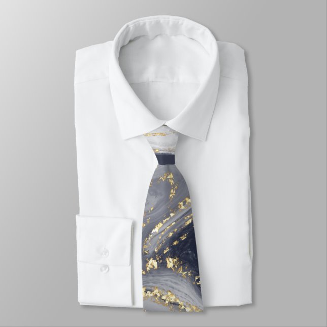 Marbled Gray, White and Gold Neck Tie (Tied)