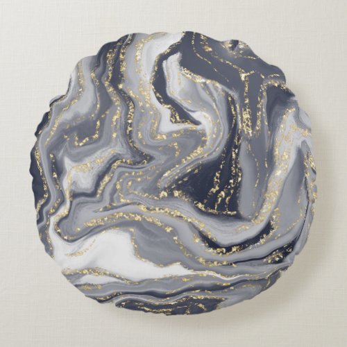 Marbled Gray White and Gold Round Pillow