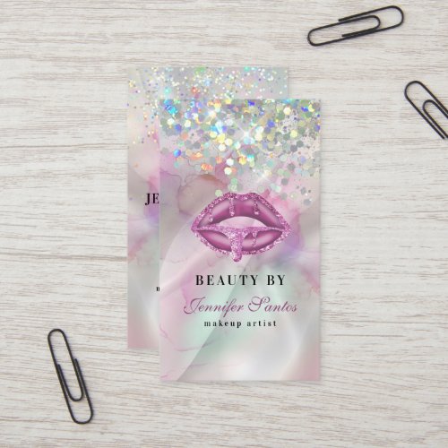 Marbled Holographic Glitter Lips QR Code Beauty Business Card