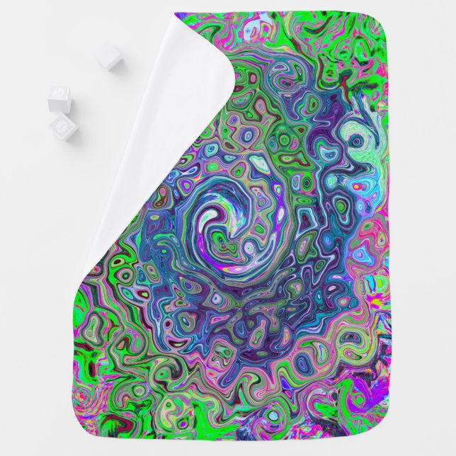 Marbled Lime Green and Purple Abstract Retro Swirl Baby Blanket (In Situ)