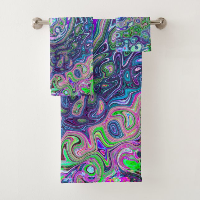 Marbled Lime Green and Purple Abstract Retro Swirl Bath Towel Set (Insitu)