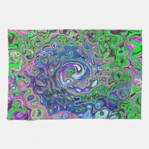 Marbled Lime Green and Purple Abstract Retro Swirl Kitchen Towel
