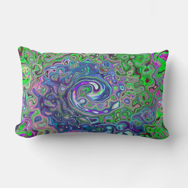 Marbled Lime Green and Purple Abstract Retro Swirl Lumbar Pillow (Front)