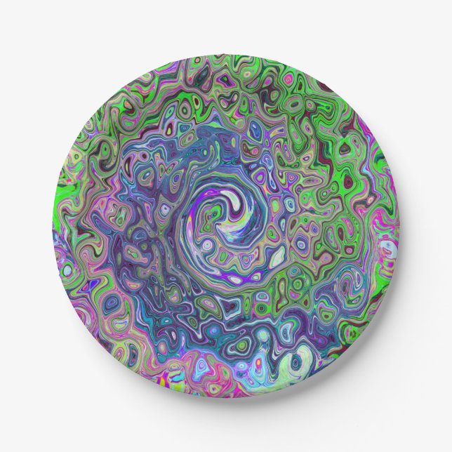 Marbled Lime Green and Purple Abstract Retro Swirl Paper Plates (Front)
