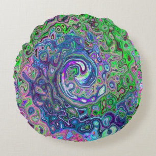 Marbled Lime Green and Purple Abstract Retro Swirl Round Pillow