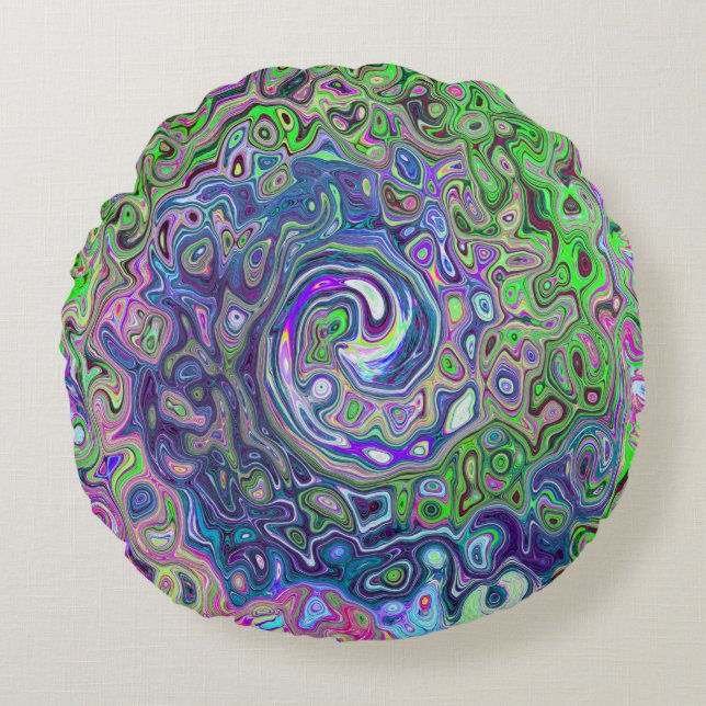 Marbled Lime Green and Purple Abstract Retro Swirl Round Pillow (Front)