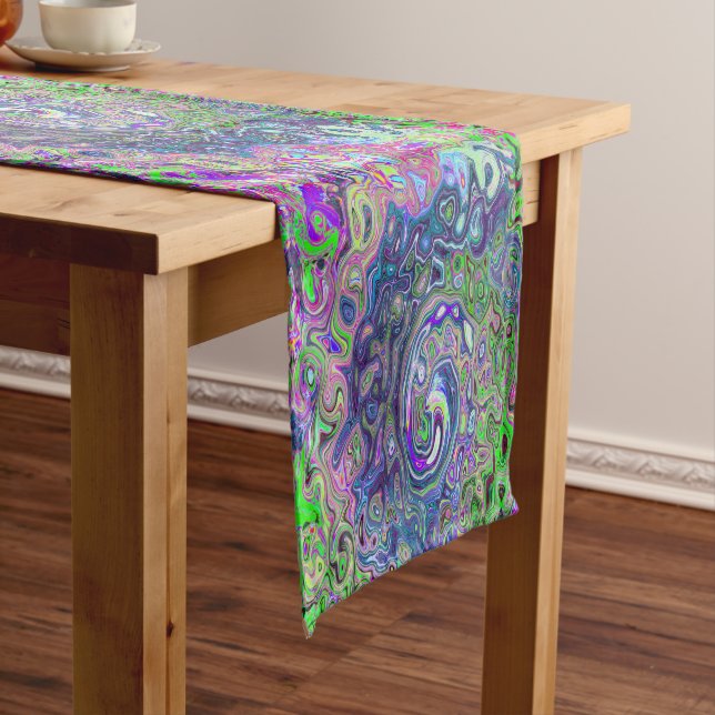 Marbled Lime Green and Purple Abstract Retro Swirl Short Table Runner (In Situ)