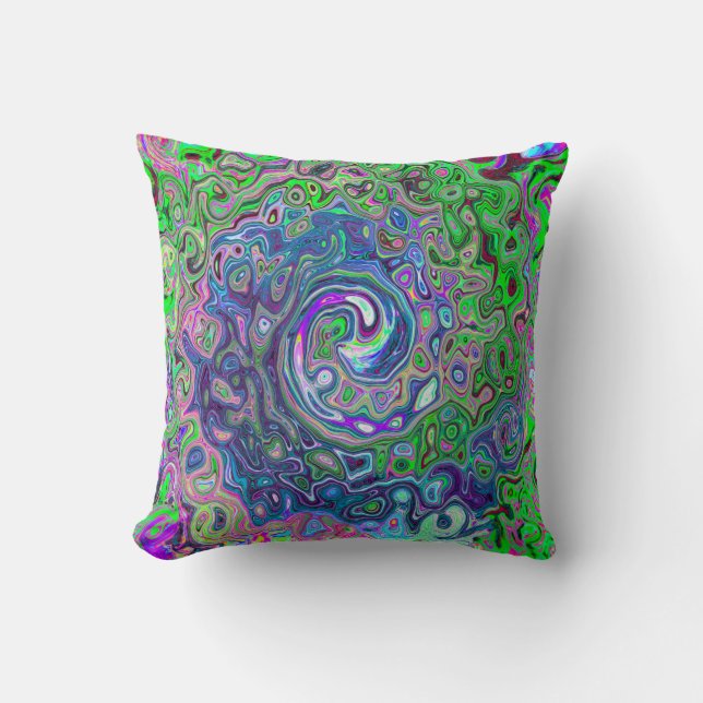 Marbled Lime Green and Purple Abstract Retro Swirl Throw Pillow (Front)