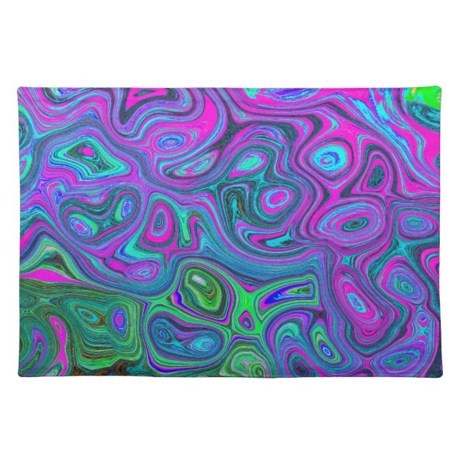 Marbled Magenta and Lime Green Groovy Abstract Art Cloth Placemat (Front)