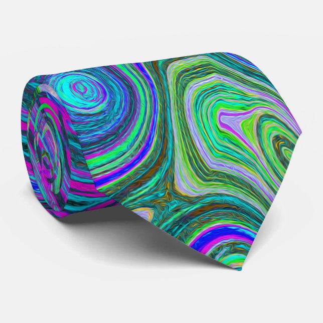 Marbled Magenta and Lime Green Groovy Abstract Art Neck Tie (Rolled)