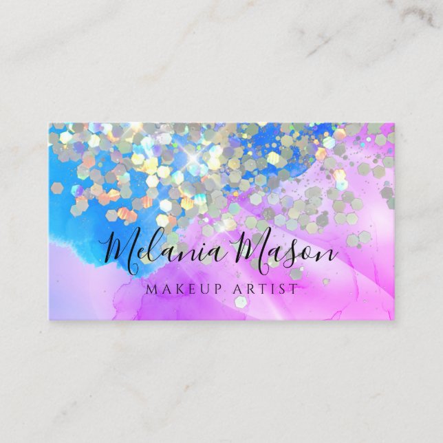 Marbled Makeup Artist Glitter QR Code Pink Blue Business Card (Front)