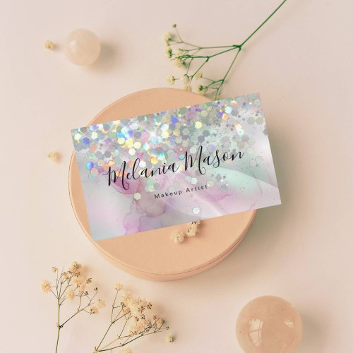 Marbled Makeup Artist Holographic Glitter QR Code Business Card