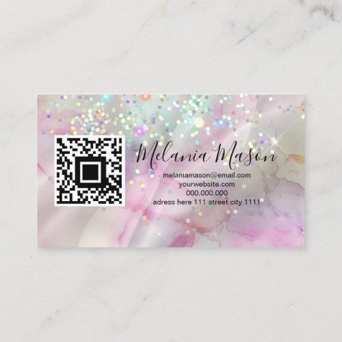 Marbled Makeup Artist Holographic Glitter QR Code Business Card