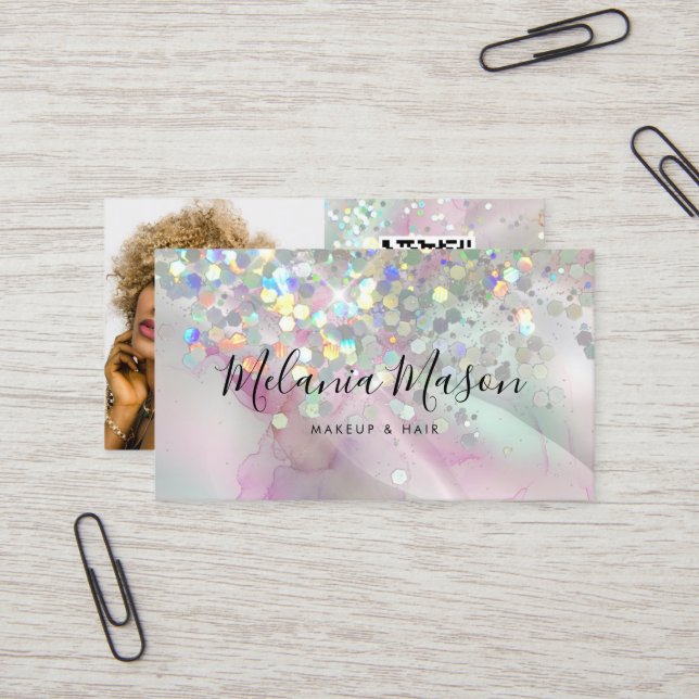 Marbled Makeup Artist Holographic Glitter QR Code Business Card (Front/Back In Situ)