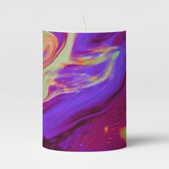 Marbled Maroon, Blue, Purple, Yellow Pillar Candle (Front)
