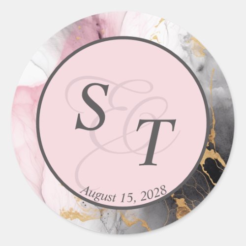 Marbled Monogram Dusty Rose Black Gold Abstract Classic Round Sticker