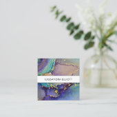 Marbled Multicolored & Gold Abstract Liquid Art Square Business Card (Standing Front)