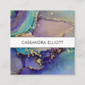 Marbled Multicolored & Gold Abstract Liquid Art Square Business Card (Front)