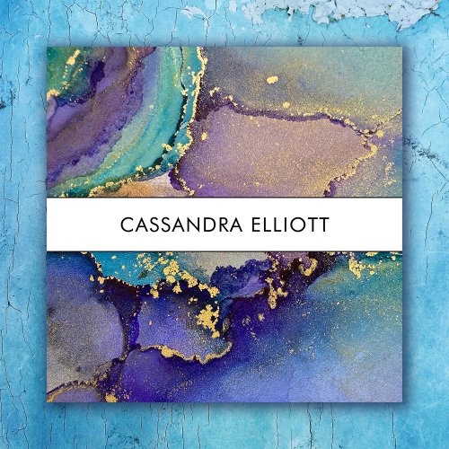 Marbled Multicolored  Gold Abstract Liquid Art Square Business Card