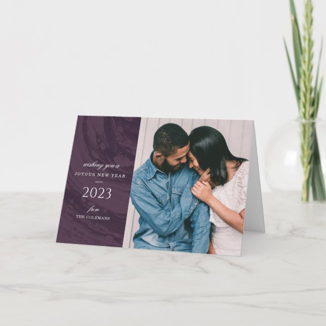 Marbled New Year's Photo Greeting Card - Purple (Front)