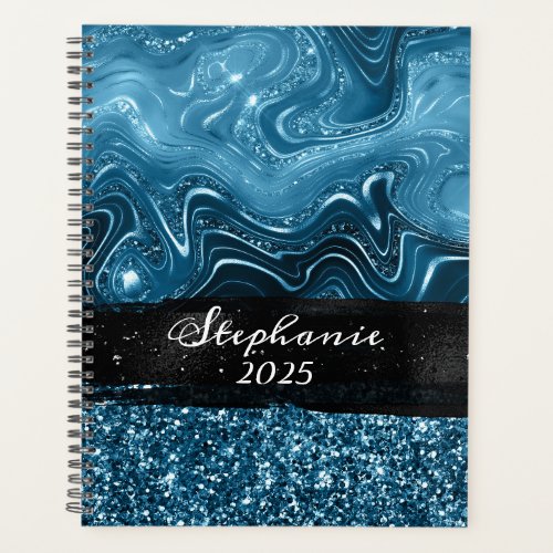 Marbled Ocean Blue Glitter Glam Black Brush Stroke Planner