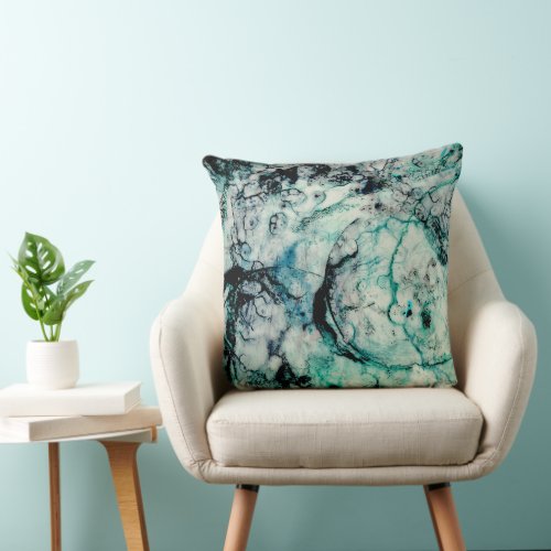 Marbled Organic Abstract Blue Green Black Throw Pillow
