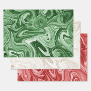 Marbled Paint Christmas Colors Red Green Champaign Wrapping Paper Sheets