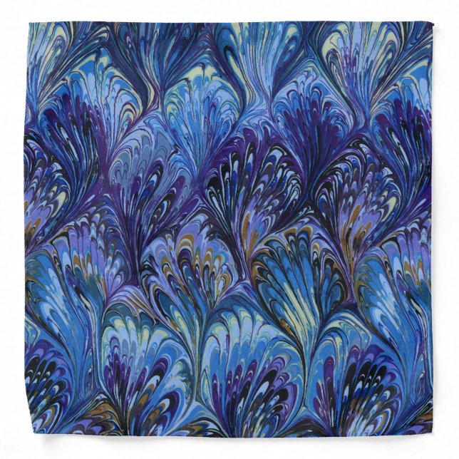 MARBLED PAPER,ABSTRACT BLUE PEACOCK PATTERN,SWIRLS BANDANA (Front)