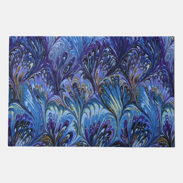 MARBLED PAPER,ABSTRACT BLUE PEACOCK PATTERN,SWIRLS DOORMAT (Front)