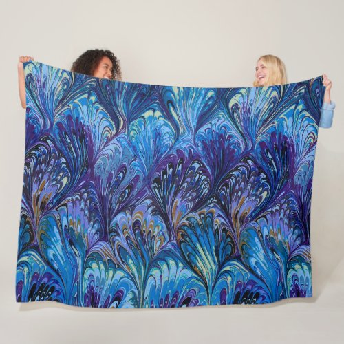 MARBLED PAPERABSTRACT BLUE PEACOCK PATTERNSWIRLS FLEECE BLANKET