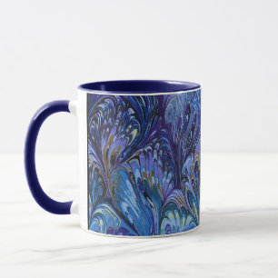 MARBLED PAPER,ABSTRACT BLUE PEACOCK PATTERN,SWIRLS MUG