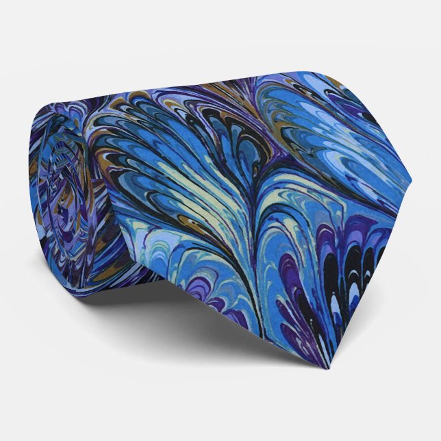 MARBLED PAPER,ABSTRACT BLUE PEACOCK PATTERN,SWIRLS NECK TIE (Rolled)