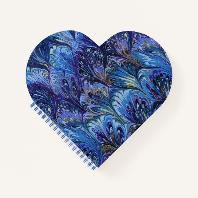 MARBLED PAPER,ABSTRACT BLUE PEACOCK PATTERN,SWIRLS NOTEBOOK (Front)