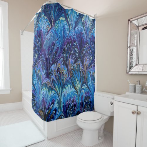 MARBLED PAPERABSTRACT BLUE PEACOCK PATTERNSWIRLS SHOWER CURTAIN