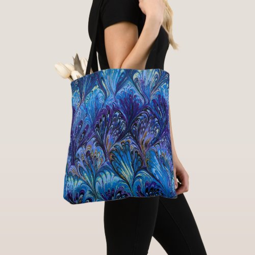 MARBLED PAPERABSTRACT BLUE PEACOCK PATTERNSWIRLS TOTE BAG