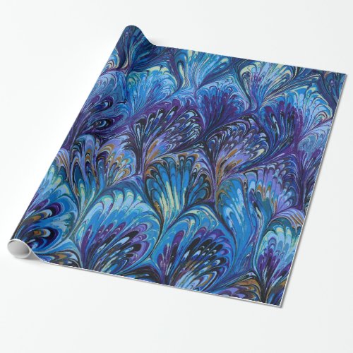 MARBLED PAPERABSTRACT BLUE PEACOCK PATTERNSWIRLS WRAPPING PAPER