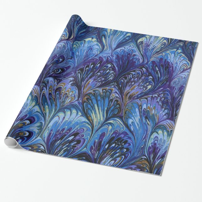 MARBLED PAPER,ABSTRACT BLUE PEACOCK PATTERN,SWIRLS WRAPPING PAPER (Unrolled)