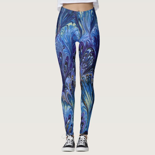 MARBLED PAPER,ABSTRACT BLUE PURPLE PEACOCK PATTERN LEGGINGS (Front)
