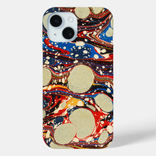 MARBLED PAPER,ABSTRACT BLUE ,SWIRLS,WHITE CIRCLES iPhone 15 CASE