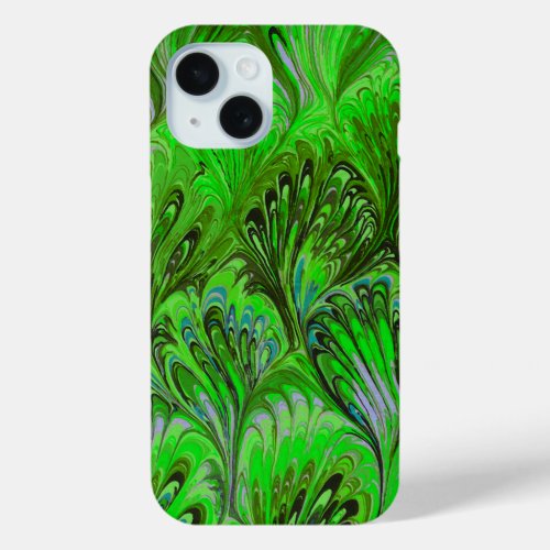 MARBLED PAPERABSTRACT GREEN PEACOCK PATTERN iPhone 15 CASE