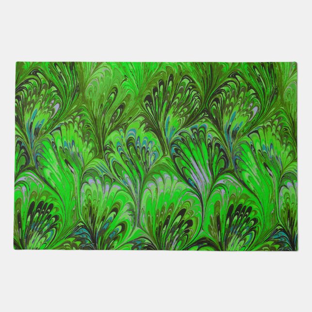 MARBLED PAPER,ABSTRACT GREEN PEACOCK PATTERN DOORMAT (Front)