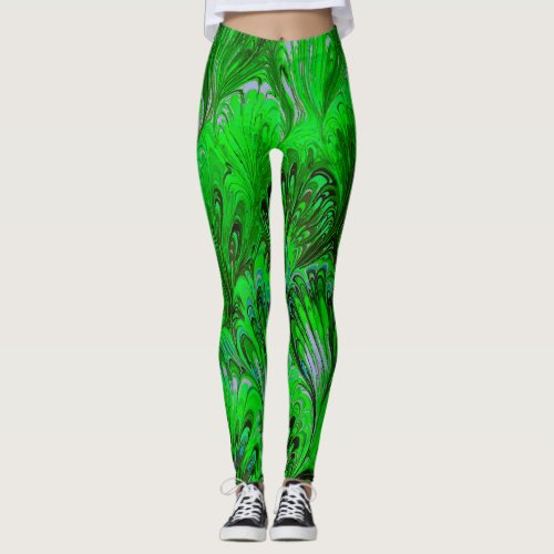 MARBLED PAPERABSTRACT GREEN PEACOCK PATTERN LEGGINGS