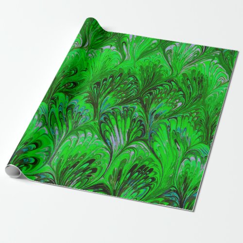 MARBLED PAPERABSTRACT GREEN PEACOCK PATTERN WRAPPING PAPER