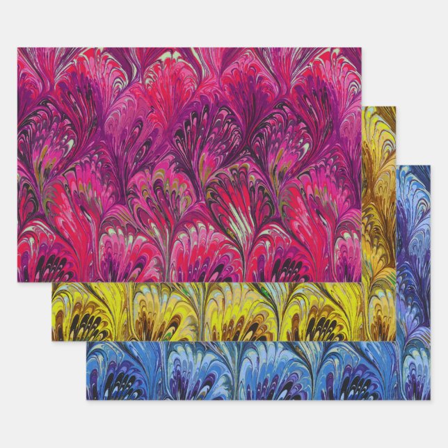 MARBLED PAPER,ABSTRACT PINK BLUE YELLOW PATTERN WRAPPING PAPER SHEETS (Set)